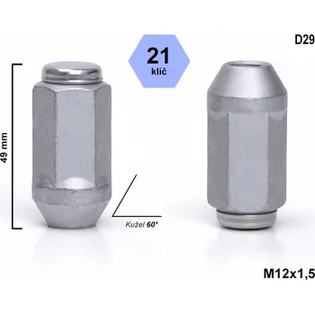 Matice na kolo Kolová matice M12x1,5 kužel, prodloužená, nerez víčko, klíč 21, D29, výška 49