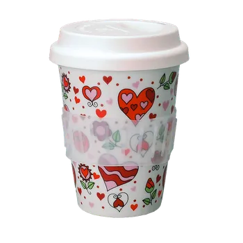 Termohrnek Porcelánový pohárek Coffee to Go s víčkem a páskou "Zamilovaná srdíčka" - 310 ml