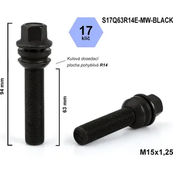Šroubek na kolo Kolový šroub M15x1,25x63 kulový R14, pohyblivá plocha, klíč 17, S17Q63R14E-MW-BLACK, výška 94 mm, černý