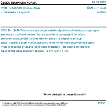 ČSN EN 12428 - Vrata - Součinitel prostupu tepla - Požadavky na výpočet - Tisk