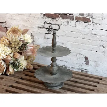 Šedý antik kovový 2-patrový etažér Lace edge - Ø 27*42 cm