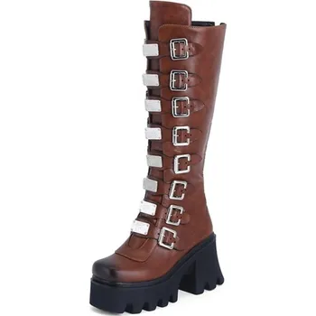 Dámské kozačky Kožené kozačky na platformě s 8 pásky GoodDayGirl Barva: Hnědá, Velikost: 38