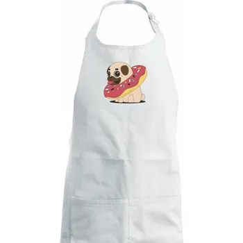 Kuchyňská zástěra Mops a kobliha - Dámská zástěra na vaření - Univerzální velikost ( Bílá )