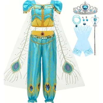 Karnevalový kostým Disney Princezna Jasmína kostým s pavími pery Varianta: šaty, korunka, rukavice, šperky, hůlka, Velikost: 110 (3 roky)