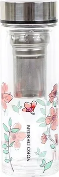 Láhev Yoko Design skleněná láhev se sítkem na čaj 350 ml růžová