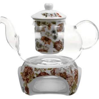 Filtrační konvice DUO Gifts DG - Skleněná konvice s ohřívačem na čajovou svíčku PASTEL FLOWRES v dárkové krabičce - 1000 ml