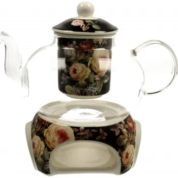 Filtrační konvice DUO Gifts DG - Skleněná konvice s ohřívačem na čajovou svíčku Warda, růže v dárkové krabičce - 1000 ml