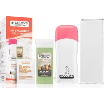 Arcocere Professional Wax ohřívač vosku + Argan epilační vosk roll-on 100 ml + Argan ubrousek s enzymy pro zpomalení růstu chloupků po depilaci + epilační pásky 24 ks