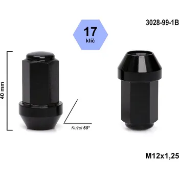 Matice na kolo Kolová matice M12x1,25 kužel uzavřená odlehčená, klíč 17 , černá, výška 40 mm