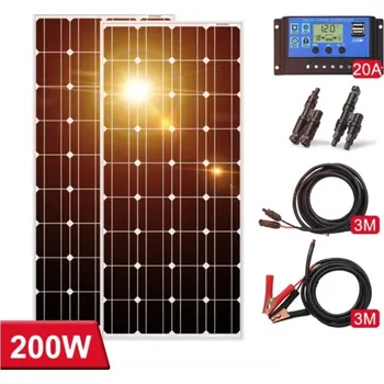 solární panel Solární set, 2x solární panel v hliníkovém rámu 1170 x 540mm (celkem 200Wp), PWM Regulátor 20A, kabel pro připojení solárních panelů, kabel pro připojení k baterii 12 nebo 24V (Solární panel 100Wp, solární regulátor, rámový solární panel)