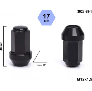 Matice na kolo Kolová matice M12x1,5 kužel uzavřená odlehčená, klíč 17 , černá, výška 40 mm