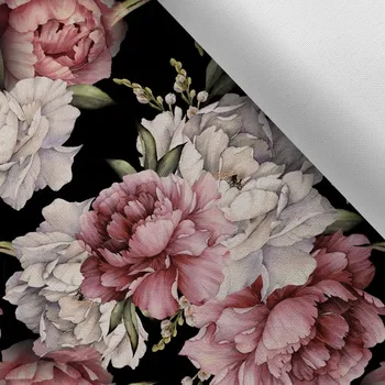 Látka s potiskem kočárkovina TD / NS pivoňky na černé