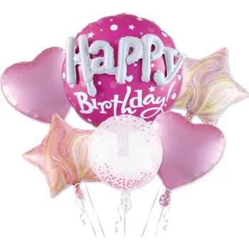 Balónek Fóliová sestava balónků Happy Birthday růžová 6ks