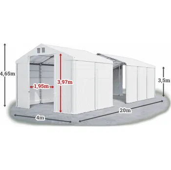 Zahradní stan Skladový stan 4x20x3,5m střecha PVC 560g/m2 boky PVC 500g/m2 konstrukce ZIMA Bílá Bílá Bílá