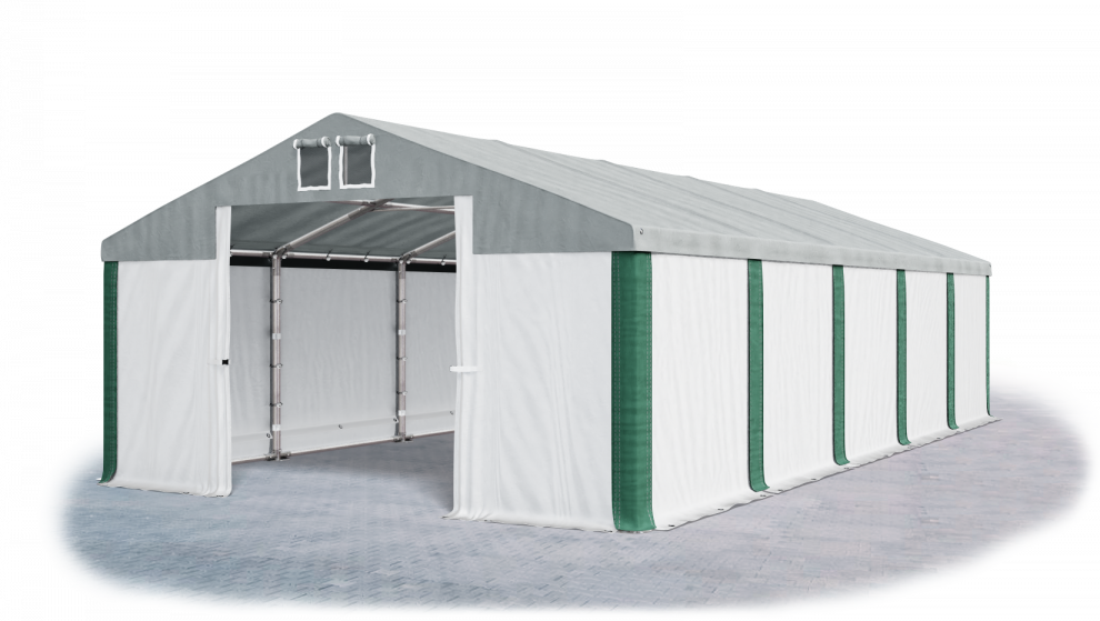 Skladový stan 6x8x4m střecha PVC 560g/m2 boky PVC 500g/m2 konstrukce ZIMA Šedá Bílá Zelená