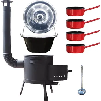 Kempingové nádobí Smaltovaný kotlík 30 L + smaltované rendlíky 4 ks + nízká žáruvzdorná kotlina 45 cm PLUS 600 + nerezová poklice + naběračka