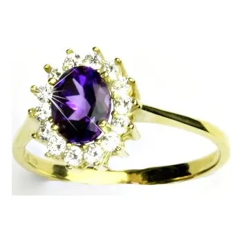 Prsten Zlatý prsten, žluté zlato,Kate, přírodní tmavý ametyst, čiré zirkony, T 1507