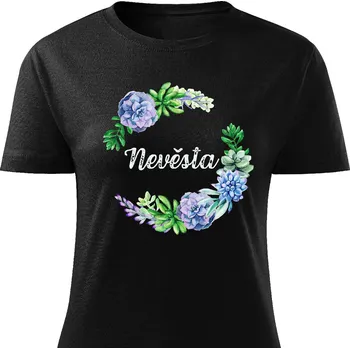 Dámské tričko Dámské tričko Nevěsta - květiny modré Barva: Černá, Velikost: M