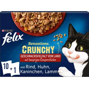 FELIX Sensations Crunchy v želé s křupavými kousky výběr z venkova, 10 × 85 g + křupavé kousky, 1 × 40 g