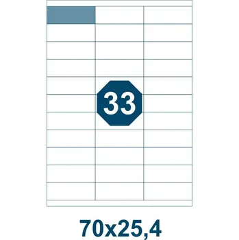 Samolepící etiketa Samolepicí etikety, délka 70 mm, šířka 25,4 mm, 33 ks na archu A4, 100 listů/bal.