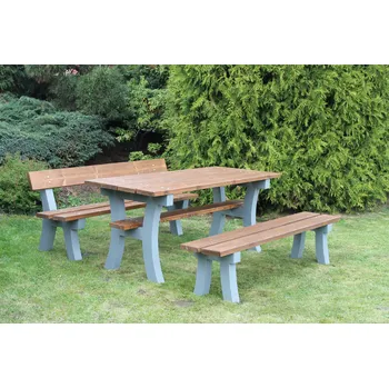 Zahradní lavice Výhodný set betonového stolu a 2 laviček s+bez opěradla Pekárek Barva prken: Prkna bez barvy (neošetřené), Ošetření betonových nohou: Pohledový beton, Délka prken: Prodloužené 180 cm