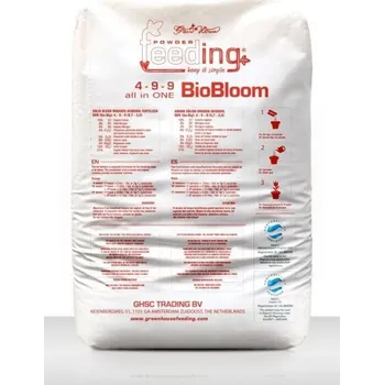 Hnojivo Green House Feeding BioBloom 25kg, bio hnojivo na květ (Směs pečlivě vybraných přírodních surovin Green House Powder Feeding BioBloom je určeno pro rychle rostoucí rostliny ve fázi květu. Míchá se přímo se substrátem. Živiny se uvolňují postupně a)