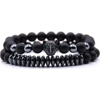 Souprava šperků Fashionstyle Dvoudílný náramek z matného achátu s Leopardí hlavou - černý