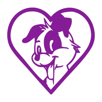 Polep vozidla SAMOLEPKA Pes 172 levá v srdíčku (14 - fialová) NA AUTO, NÁLEPKA, FÓLIE, POLEP, TUNING, VLASTNÍ TEXT, TISK, AUTOSAMOLEPKY.cz, POLEPY, OBRÁZEK, LOGO, SAMOLEPKY