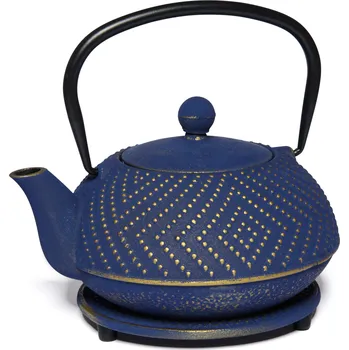 Konvice na čaj Čajová zahrada Japonská litinová konvice Arare modern modrá 900ml s podložkou