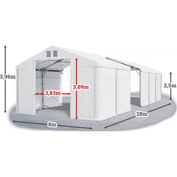Zahradní stan Skladový stan 8x28x2,5m střecha PVC 560g/m2 boky PVC 500g/m2 konstrukce POLÁRNÍ PLUS Bílá Bílá Bílá