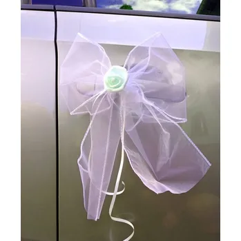 Svatební dekorace Mašlička dekorační bílá s růžičkou - 2ks - mátová