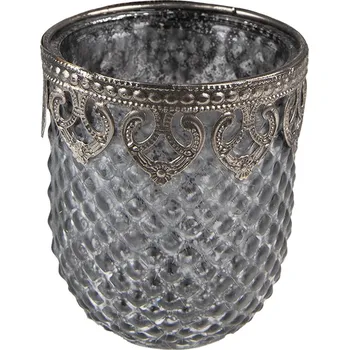 Svícen Šedý skleněný svícen na čajovou svíčku se zdobným okrajem - Ø 8*9 cm