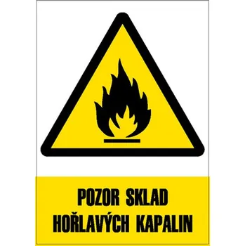 Značení Značka Pozor sklad hořlavých kapalin, samolepicí fólie, 210 × 297 mm