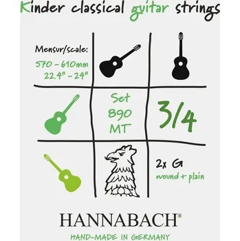 Struna pro kytaru a smyčcový nástroj Hannabach Struny pro klasickou kytaru série 890 3/4 kytara pro děti Menzura57-61cmSada 890MT 3/4 6126