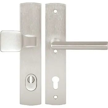 Dveřní kování Hermat Bezpečnostní klika s krytem ZEUS F9 / Imitace kartáčované nerezové oceli 92 mm Klika pravá + Koule /Vnitřní strana klika a vnější koule/ vložka cylindrická /KPZL/