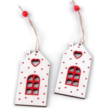 Vánoce Dřevěný domeček závěs 10 cm - bílý s puntíky - 1 ks