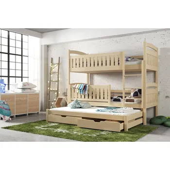 Dětská postel Dětská patrová postel z masivu BOHDANA s přistýlkou a šuplíky - 200x90 cm - PŘÍRODNÍ BOROVICE