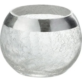 Svícen Transparentní skleněný kulatý svicen na čajovou svíčku se stříbrným zdobením - Ø 10,5*7 cm