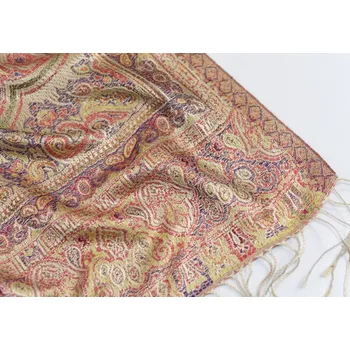 Šála Hedvábná šála Jamawar střední - Béžová, červená a zelená s ornamenty