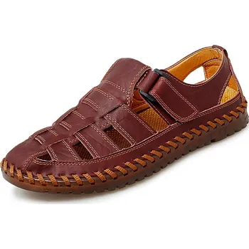 Pánské mokasíny Kožené pánské boty letní uzavřené sandály s pásky a prošíváním Barva: Červená, Velikost: 47