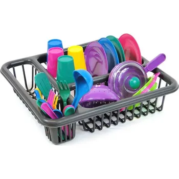 Dětská kuchyňka Nádobí dětské barevné kuchyňský set s odkapávačem a houbičkou plast