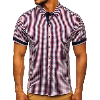 Pánská košile Červená pánská kostkovaná košile s krátkým rukávem Bolf 4510 - M