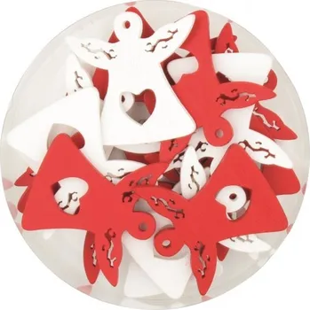 Anděl dřevěný s lepíkem 4,5 cm, červený a bílý, 16 ks v krabičce