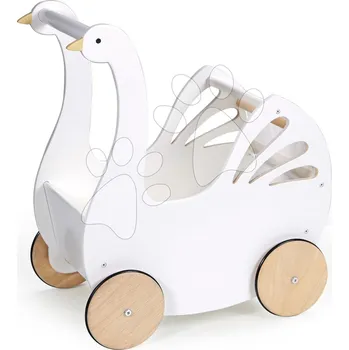Panenka Dřevěný kočárek Labuť Sweet Swan Pram Tender Leaf Toys s textilním polštářem a peřinkou pro 36 cm panenku od 18 měs.