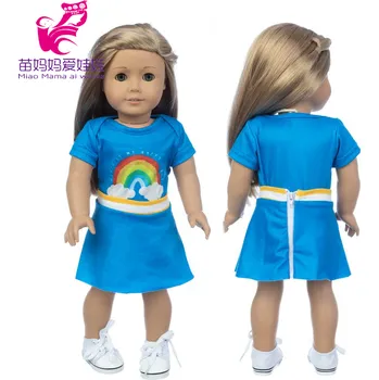 Dvoudílný modrý set trika s duhou a sukýnky pro Baby Born či American Girl