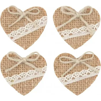 Srdce jutové s krajkou a lepíkem 4,5 cm 4 ks