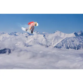 Fototapeta DIMEX | Vliesová fototapeta Letící snowboardista na horách MS-5-1569 | 375 x 250 cm| modrá, bílá + Vliesová fototapeta na stěnu DIMEX Letící snowboardista na horách MS51569 v rozměru 375 x 250 cm + lepidlo zdarma