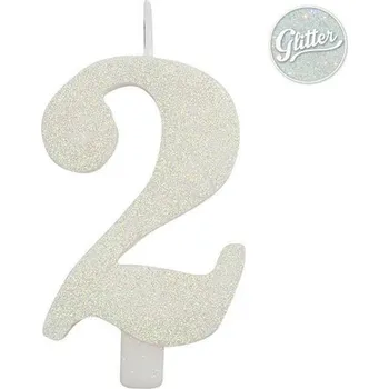 Dortová svíčka Svíčka číslo 2 bílá s glitrem 9,5 cm gi50802