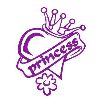 Polep vozidla SAMOLEPKA Princess nápis v srdíčku (14 - fialová) NA AUTO, NÁLEPKA, FÓLIE, POLEP, TUNING, VLASTNÍ TEXT, TISK, AUTOSAMOLEPKY.cz, POLEPY, OBRÁZEK, LOGO, SAMOLEPKY