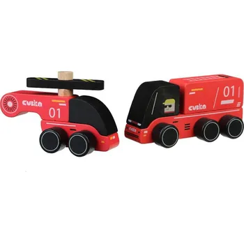 Hračka pro nejmenší CUBIKA Hasiči 15559 - dřevěné autíčko s helikoptérou